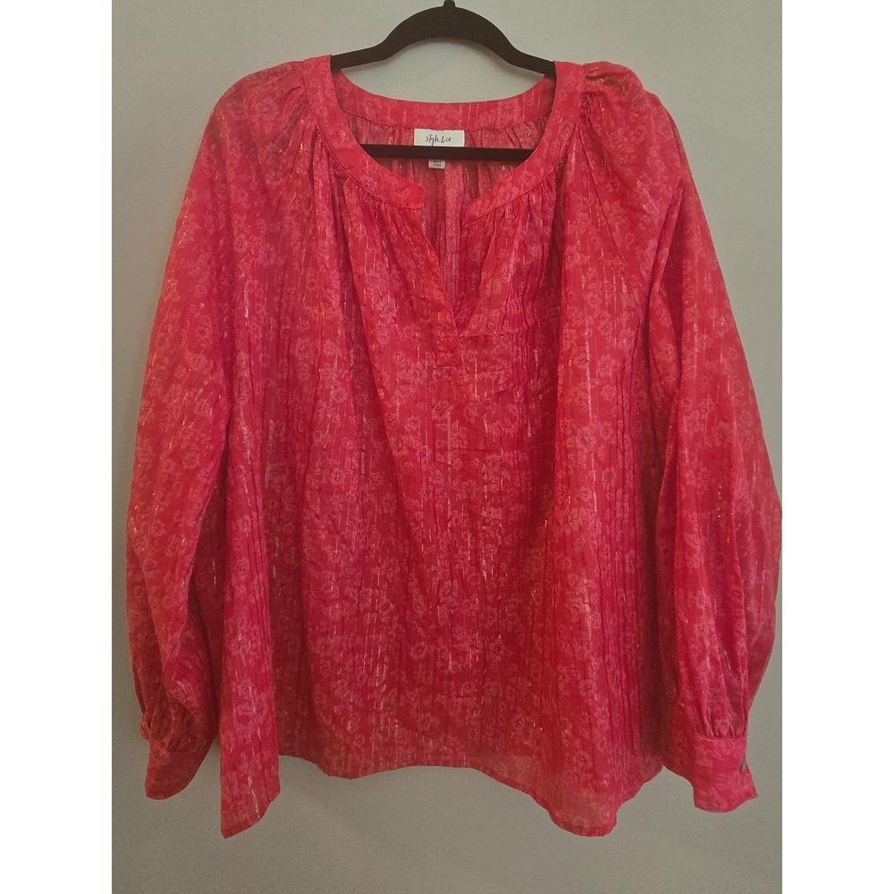 Style & Co Red Split Neck Top w/ Gold Thread/Flower Stripe Detail boho whimsy